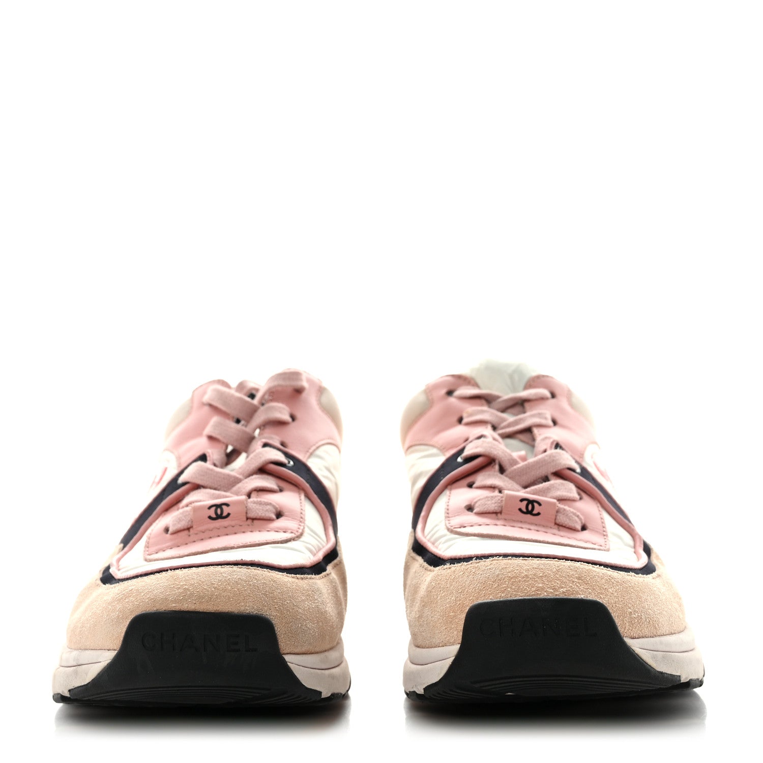 Chanel Nylon Lambskin Suede Calfskin CC Sneakers 38.5 Pink White Black 2 of 14
