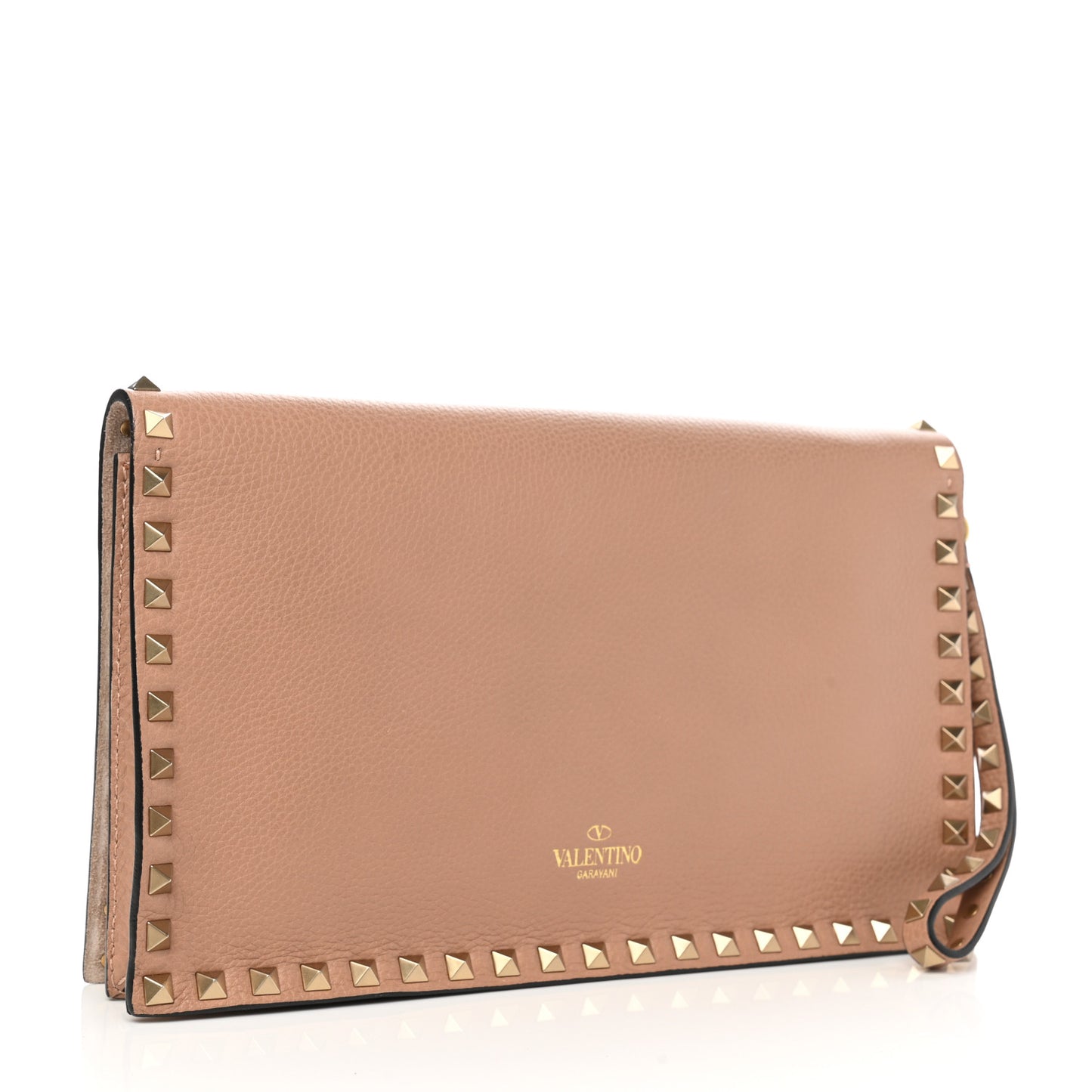 Pebbled Calfskin Beaded Rockstud Wristlet Clutch Soft Noisette