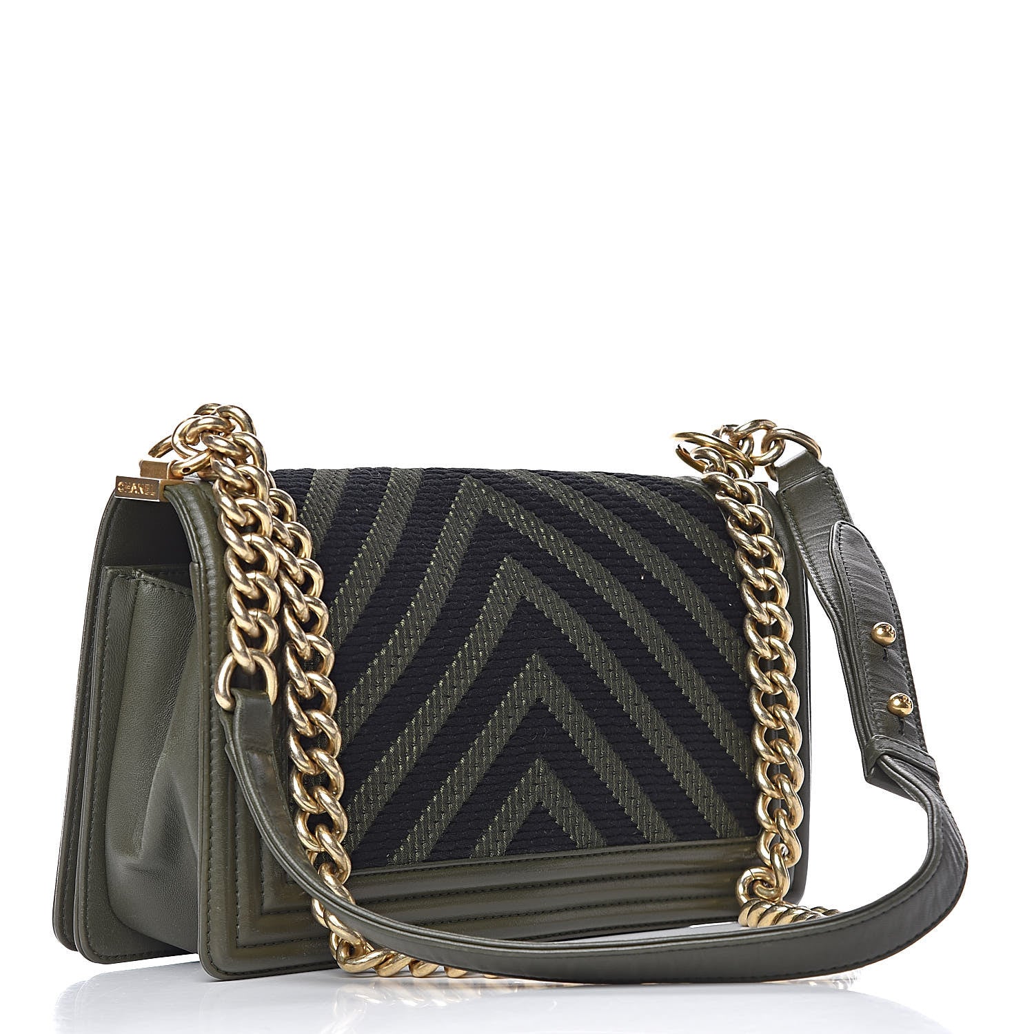 Chanel Fabric Chevron Braided Medium Boy Flap Black Dark Green 3 of 28