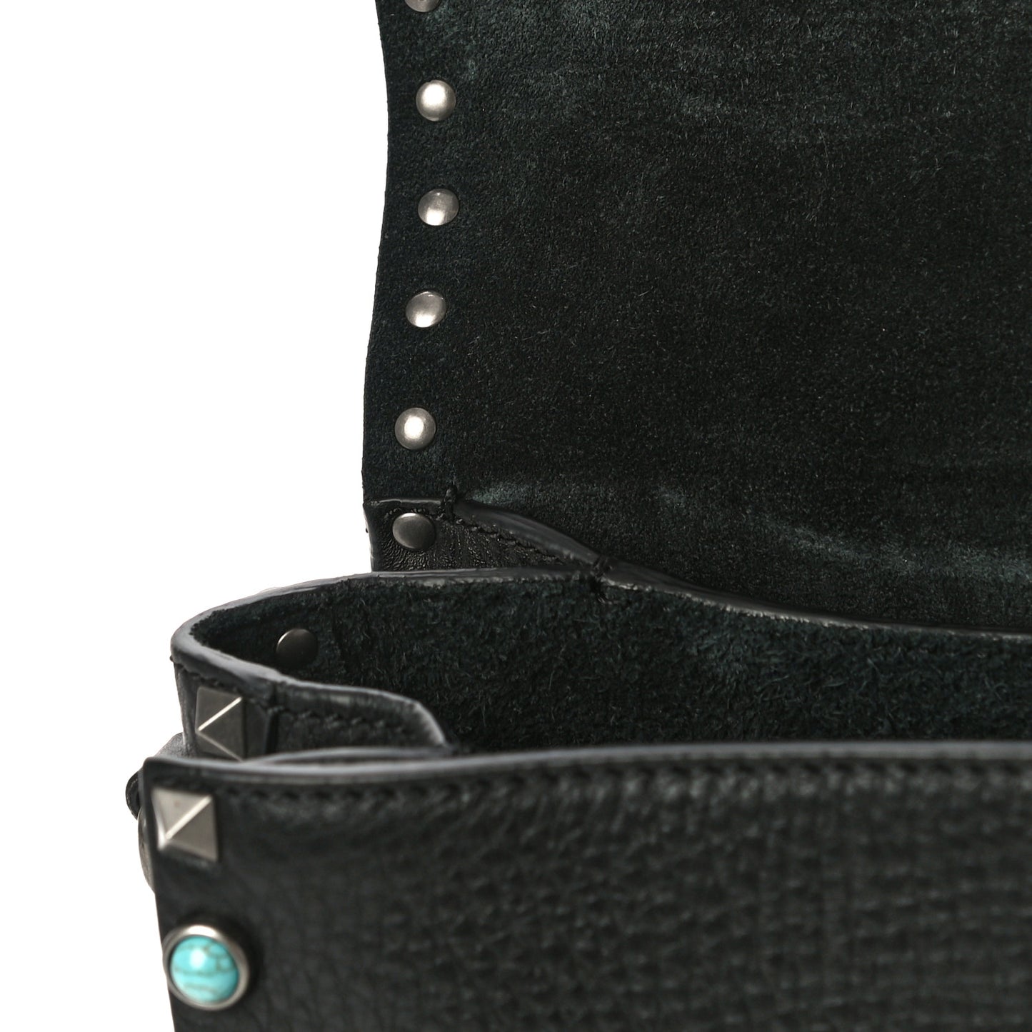 Pebbled Calfskin Turquoise Medium Rockstud Rolling Flap Saddle Bag Black