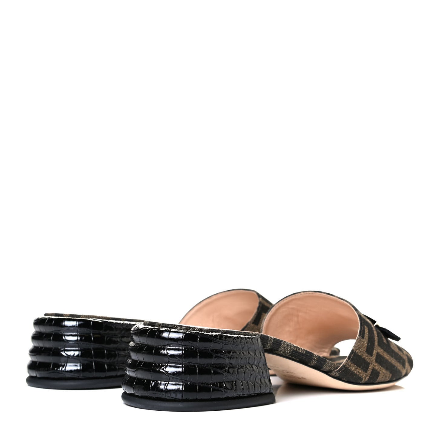Jacquard Calfskin FF Crocodile Embossed Promenade Slide Sandals 38.5 Tobacco Moro Black