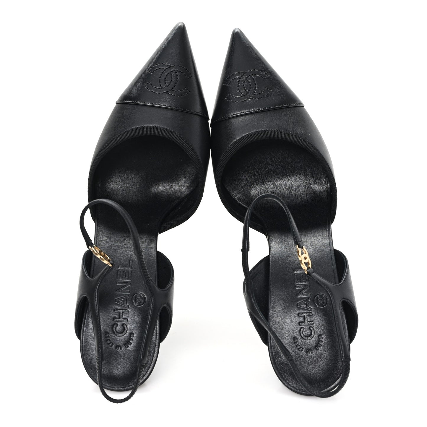 Iridescent Lambskin Pointed Cap Toe CC Slingback Pumps 41 Black