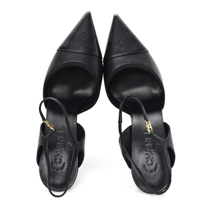 Chanel Iridescent Lambskin Pointed Cap Toe CC Slingback Pumps 41 Black 2 of 10