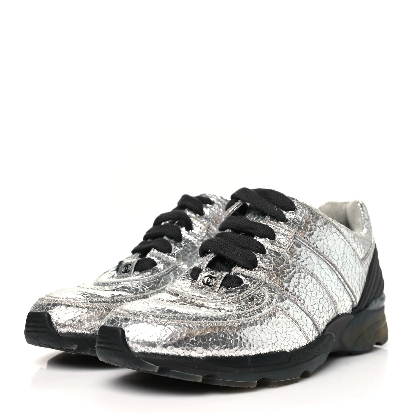 Metallic Crackled Calfskin CC Sneakers 39.5 Silver Black Navy