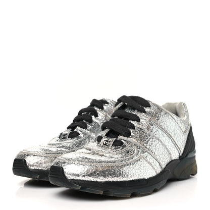 Chanel Metallic Crackled Calfskin CC Sneakers 39.5 Silver Black Navy 4 of 9