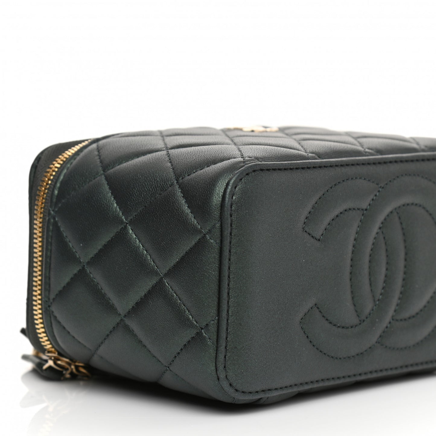 Iridescent Lambskin Quilted Small Top Handle Vanity Case With Chain Dark Green