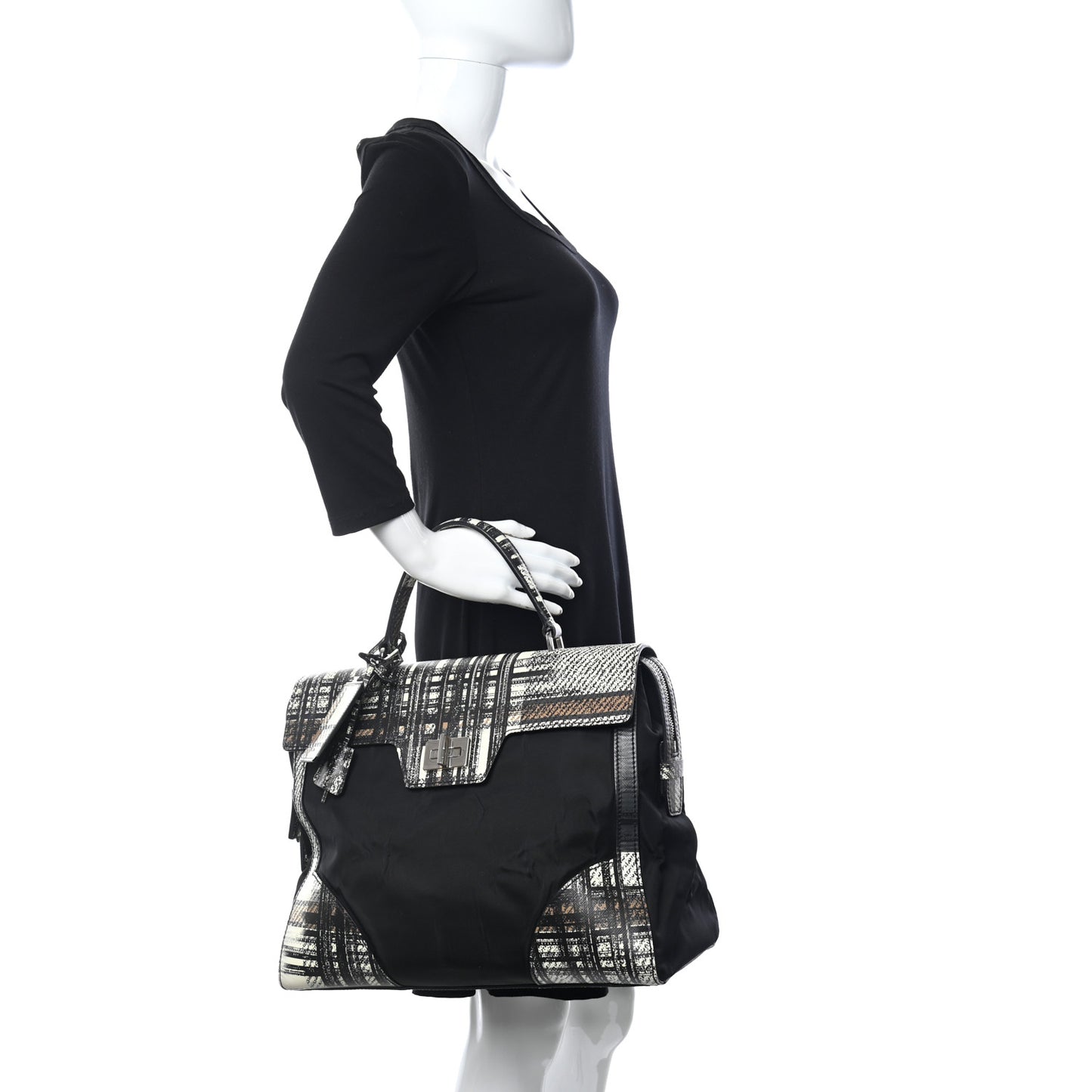Tessuto Nylon Saffiano Tartan Print Satchel Bianco Dis Tartan