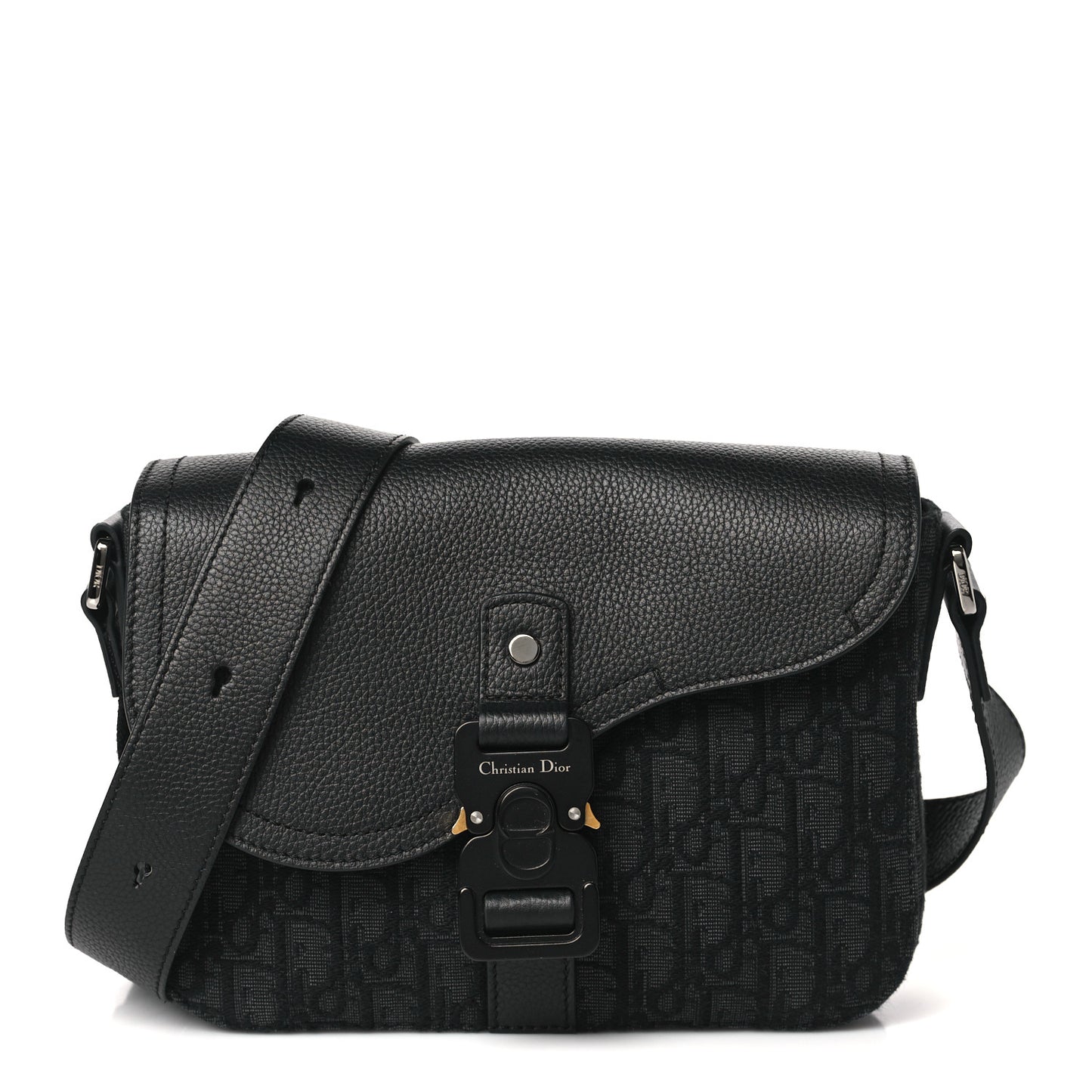 Oblique Jacquard Grained Calfskin Saddle Pouch With Strap Black