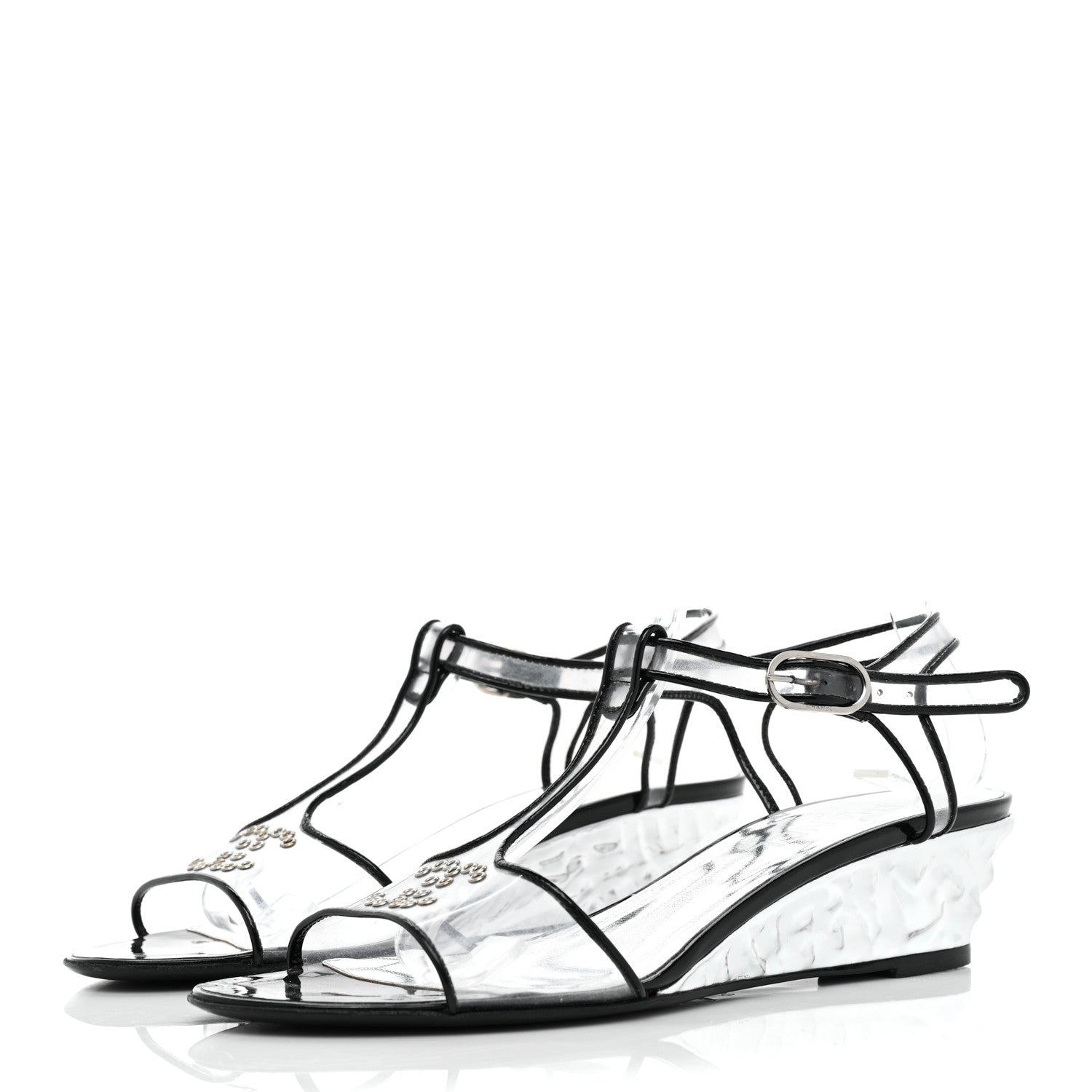 Chanel PVC Patent CC Wedge Sandals 39 Silver Black 3 of 8