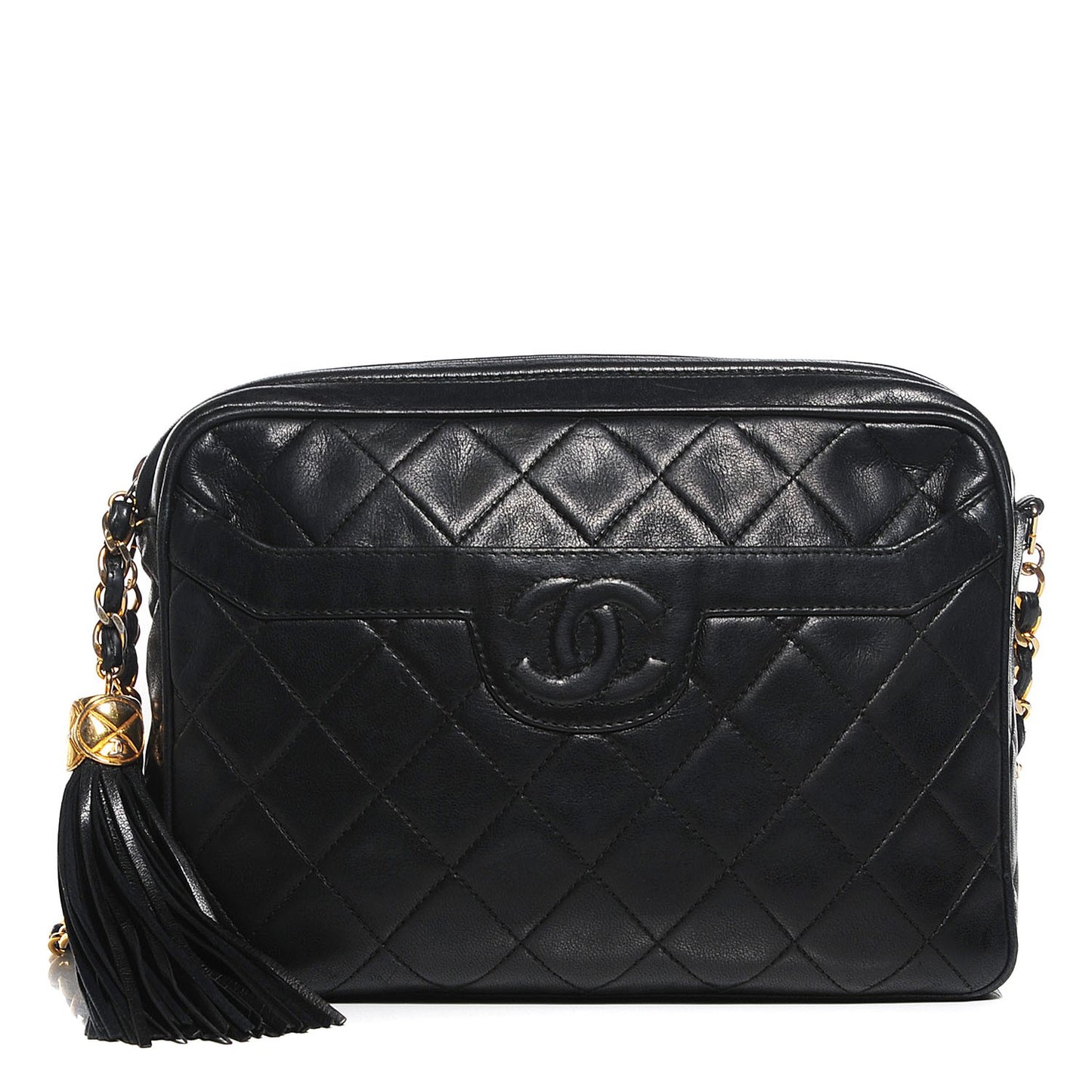 Lambskin Quilted Tassel Camera Case Black