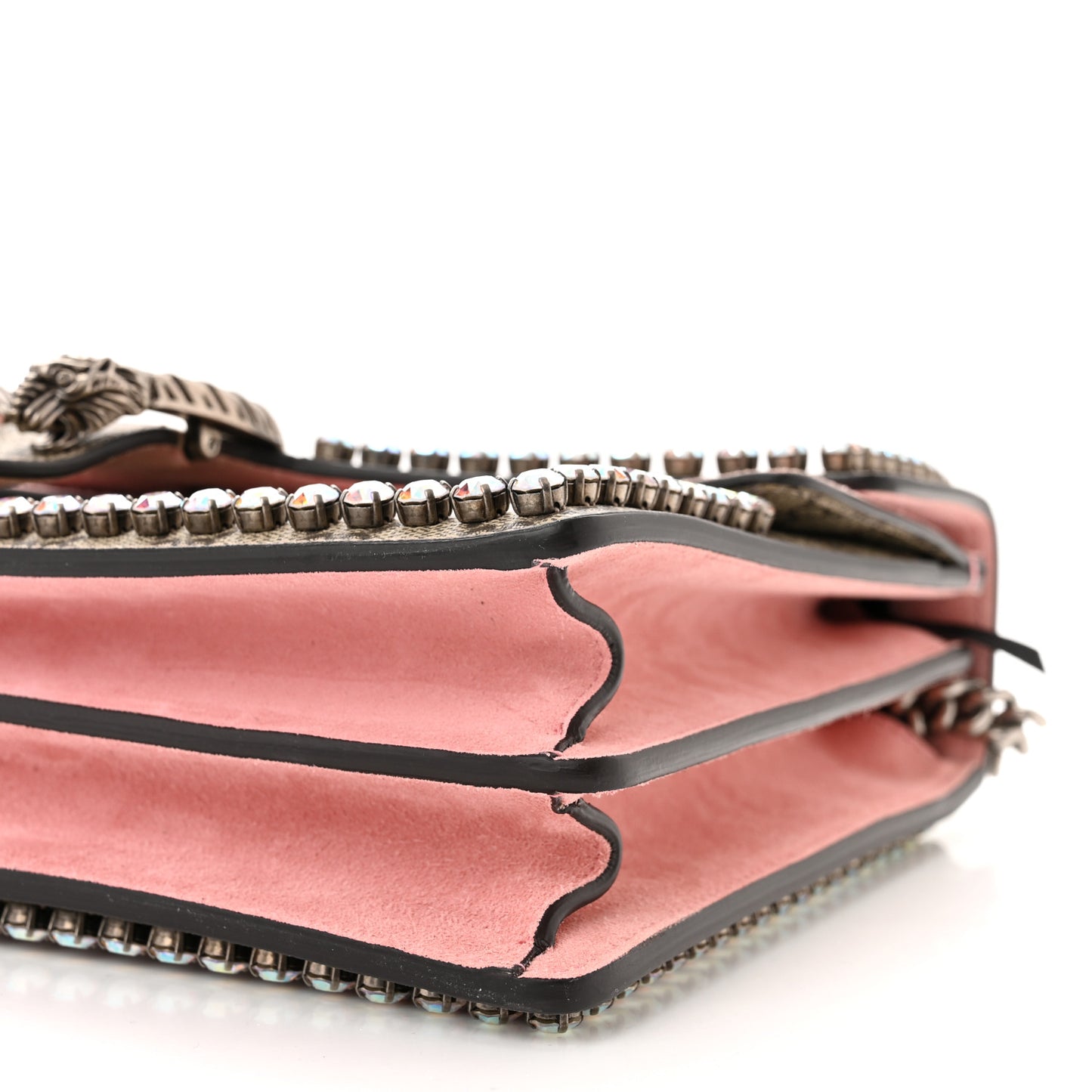 GG Supreme Monogram Suede Crystal Medium Dionysus Shoulder Bag Beige Ebony Light Peonia