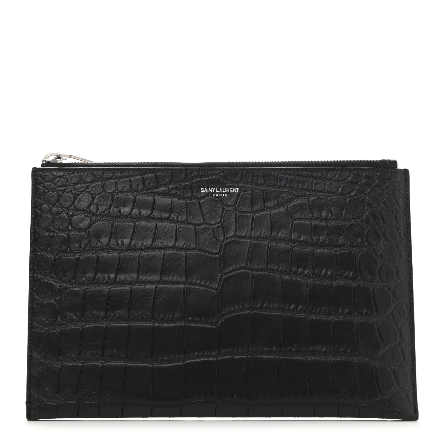 Saint Laurent Calfskin Crocodile Embossed Zip Mini Tablet Sleeve Black 1 of 8