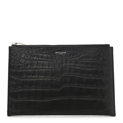 Saint Laurent Calfskin Crocodile Embossed Zip Mini Tablet Sleeve Black 1 of 8