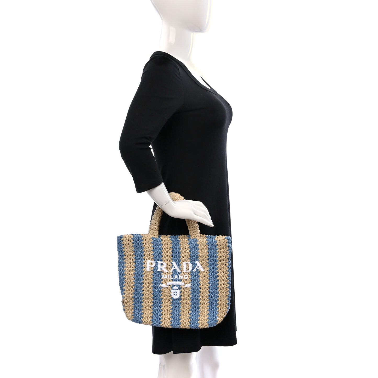 Yarn Raffia Effect Crochet Striped Small Logo Tote Naturale Celeste