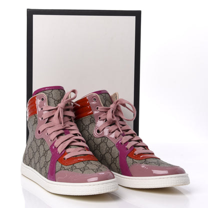 Gucci GG Supreme Monogram Patent Womens High Top Sneakers 39.5 Beige Carmine Rose New Rosette 11 of 11