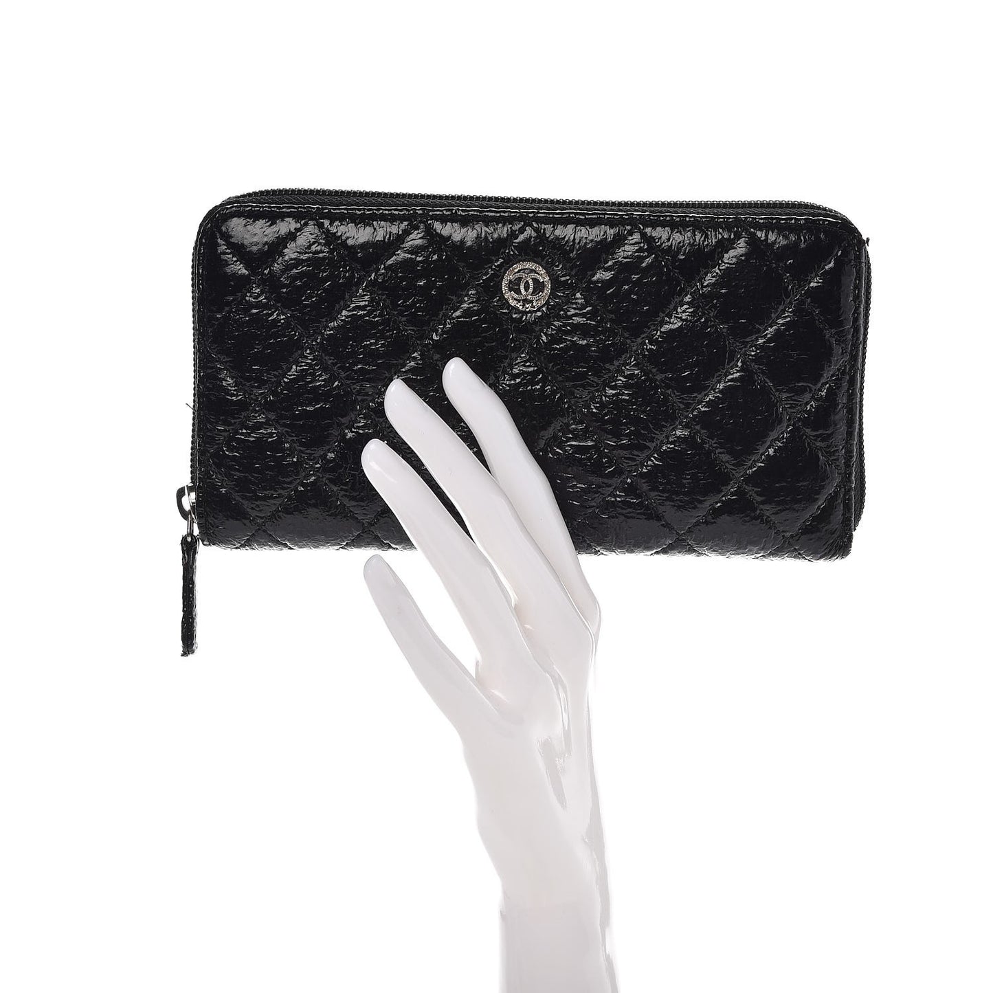 Crackled Patent Calfskin Large Gusset Zip Around Wallet Black