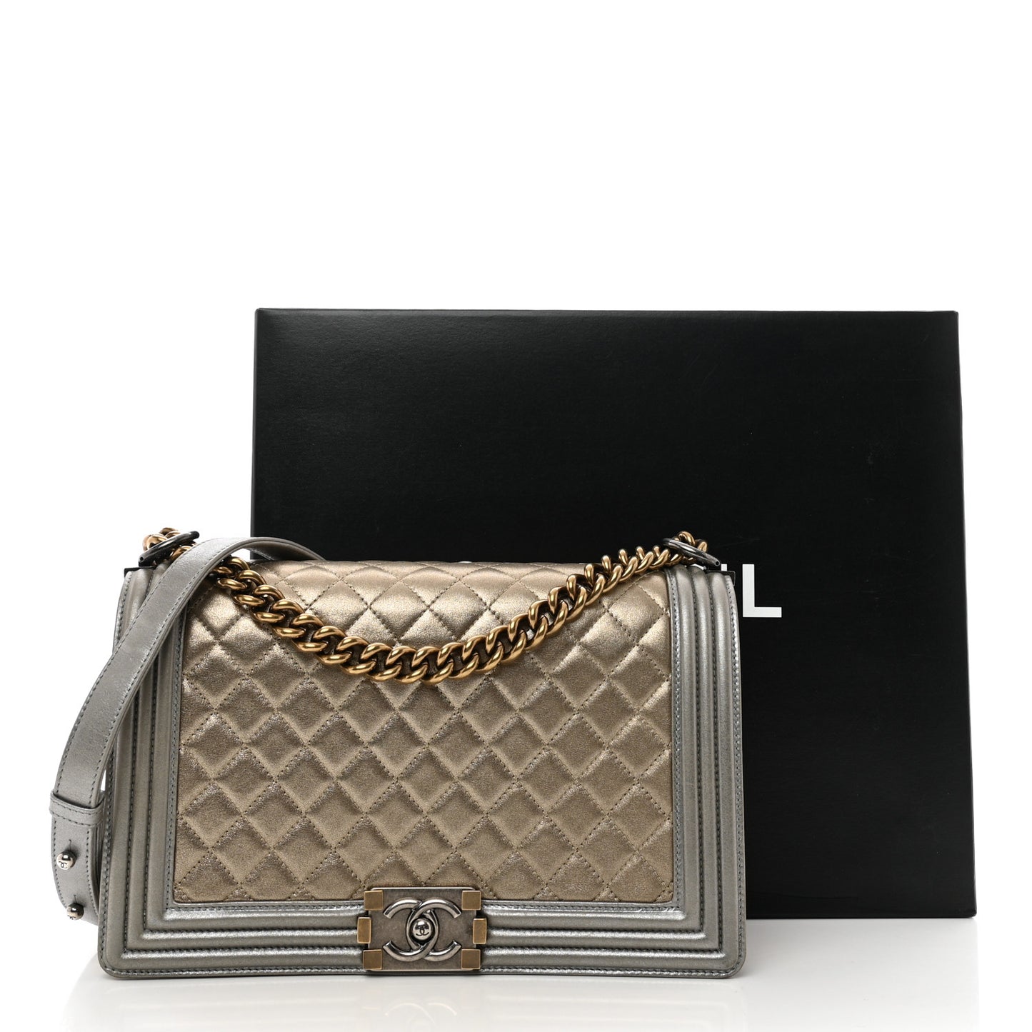 Metallic Calfskin Quilted New Medium Boy Flap Khaki