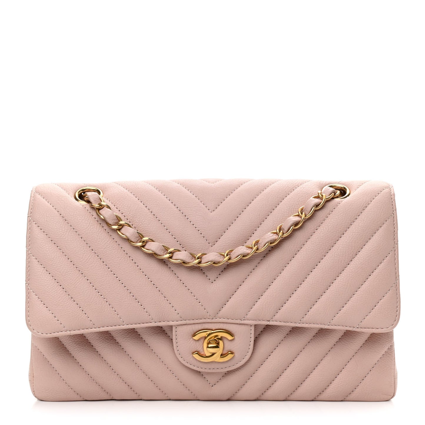 Calfskin Chevron Quilted Medium Double Flap Light Pink
