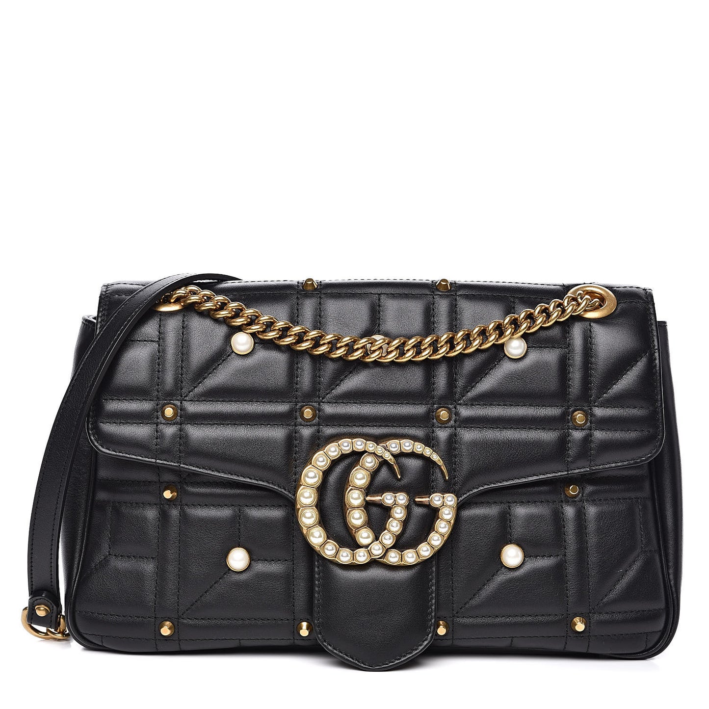 Calfskin Matelasse Studded Medium Pearly GG Marmont Shoulder Bag Black