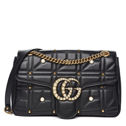 Gucci Calfskin Matelasse Studded Medium Pearly GG Marmont Shoulder Bag Black 1 of 12