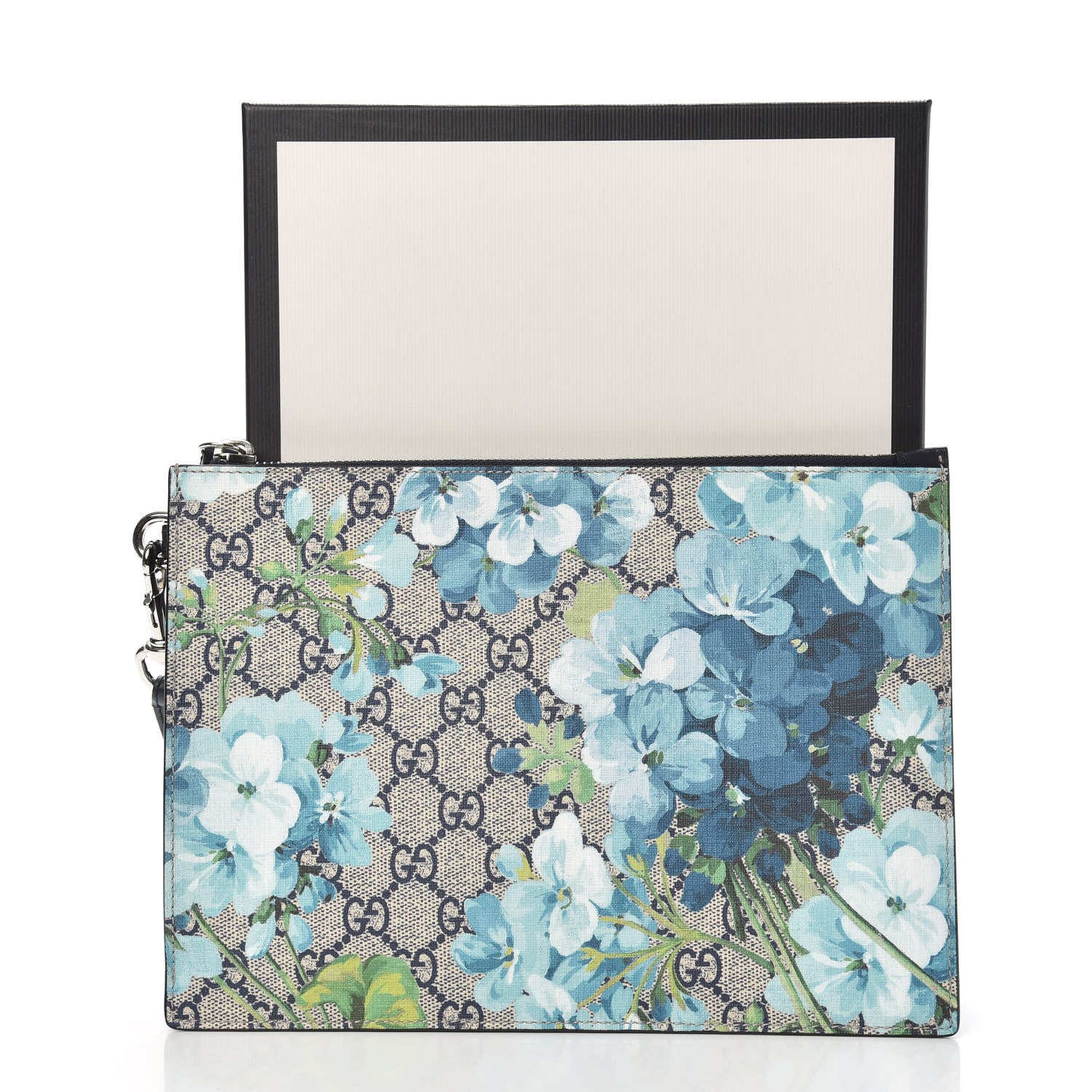 Gucci GG Supreme Monogram Blooms Small Zip Wristlet Pouch Beige Blue Black 5 of 5