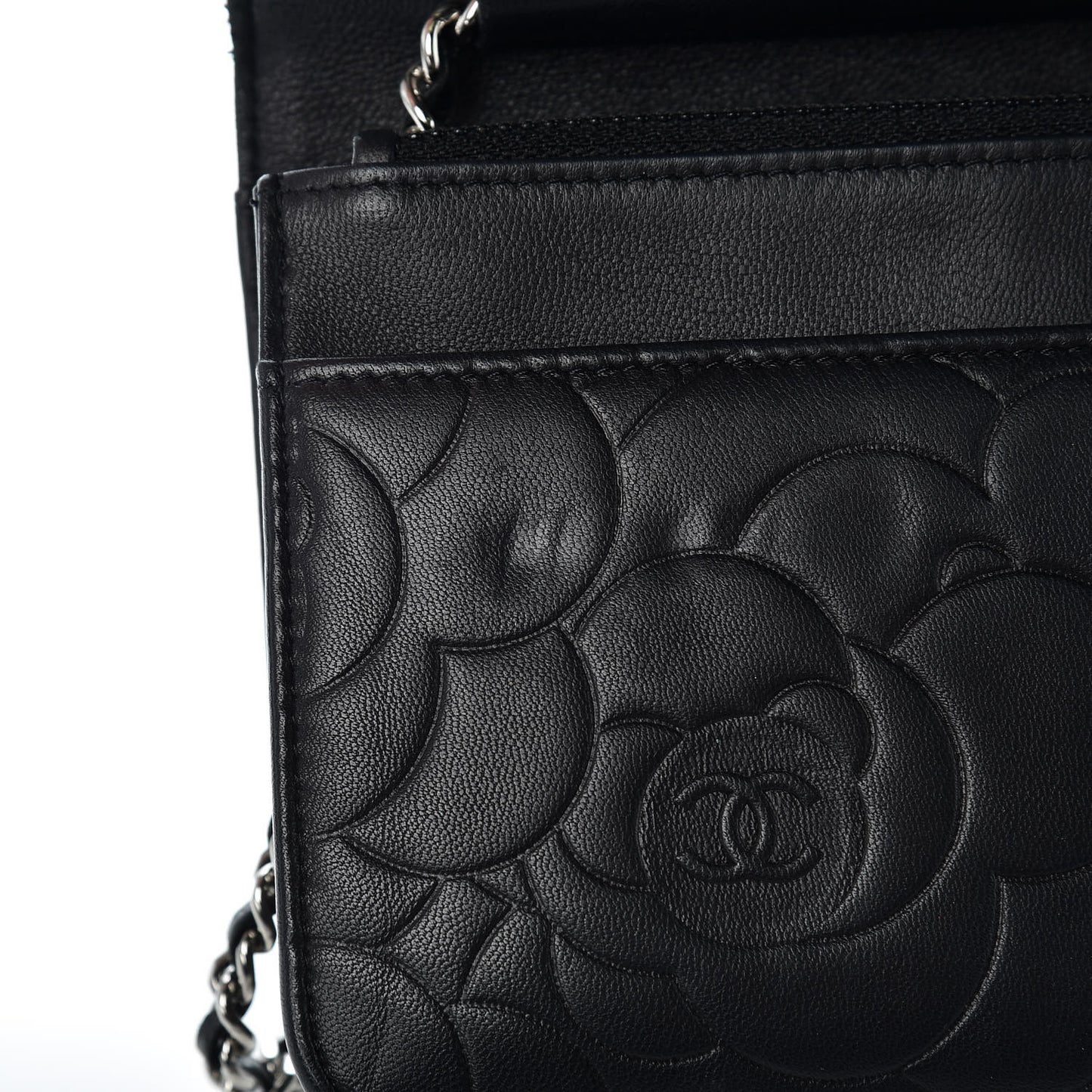 Lambskin Camellia Embossed Wallet On Chain WOC Black