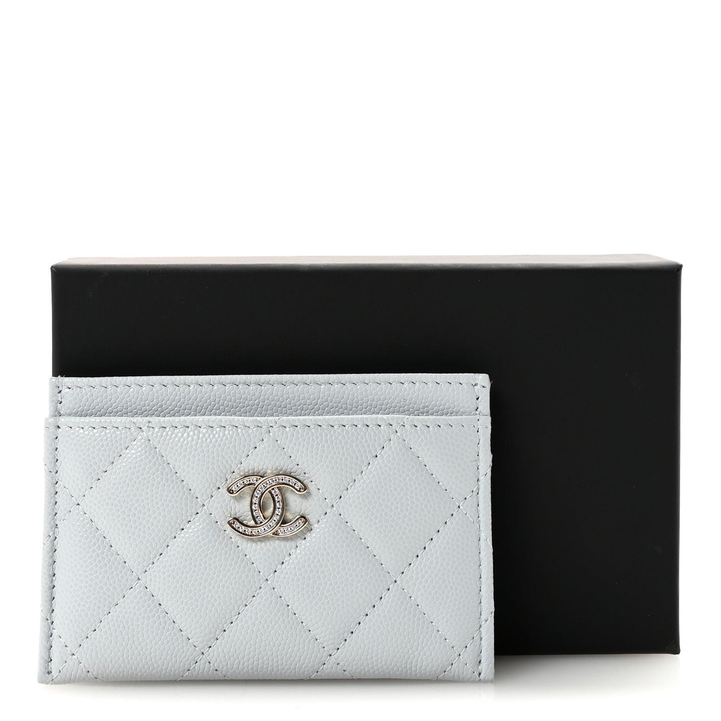 Caviar Quilted Crystal CC Logo Card Holder Light Blue
