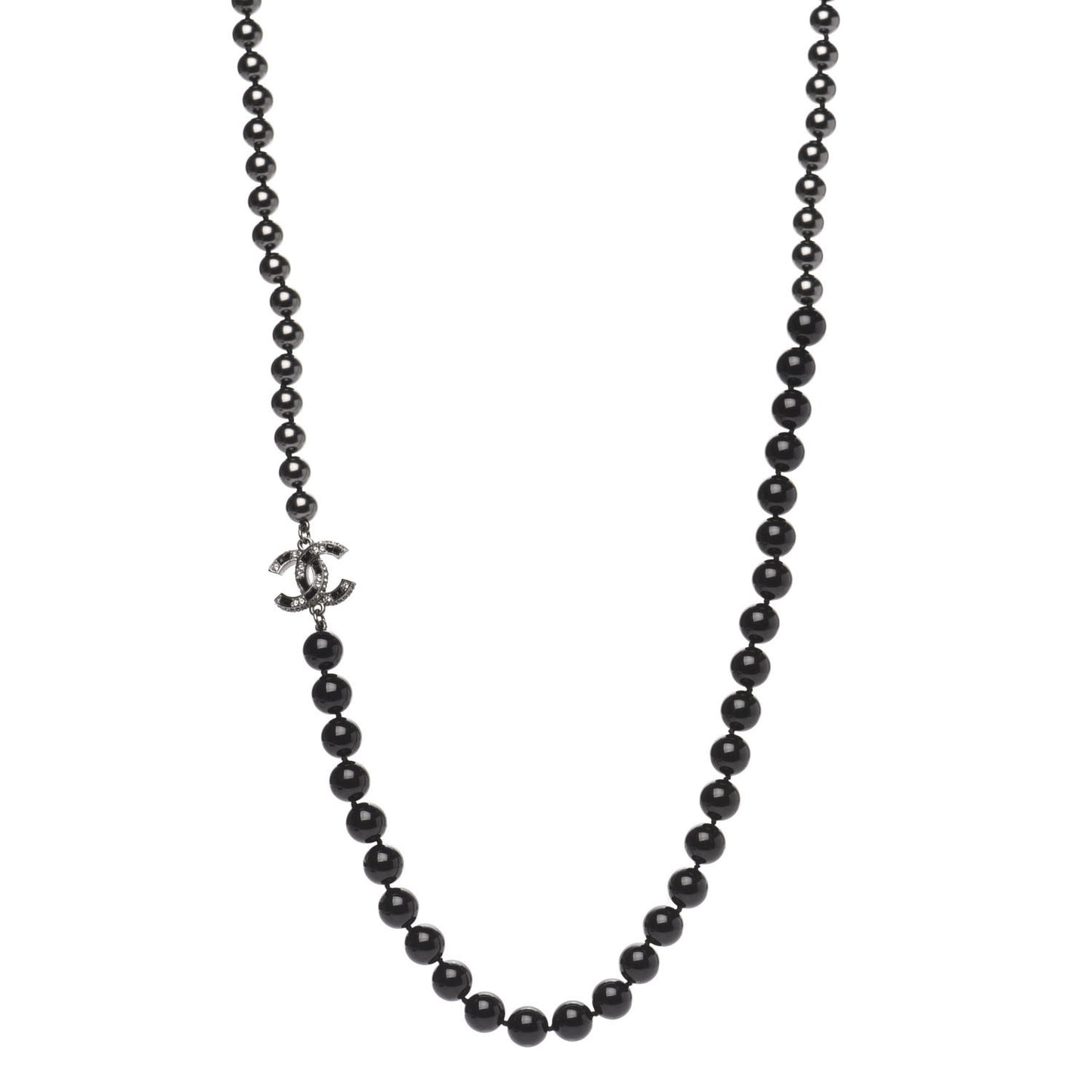 Ruthenium Crystal Baguette Pearl Beaded CC Long Necklace Black Grey