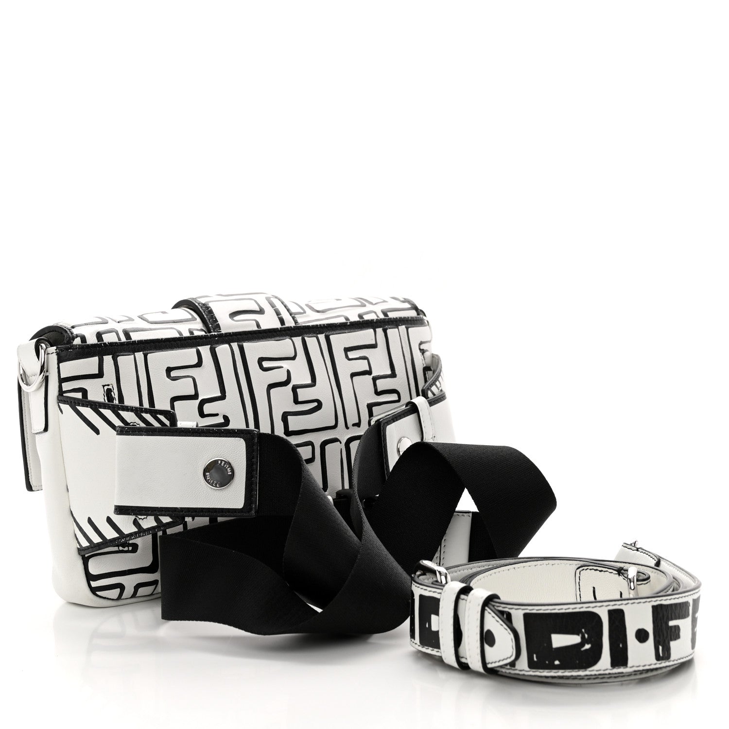 Fendi X JOSHUA VIDES Nappa FF Embossed Belt Baguette Bag White Black 3 of 10