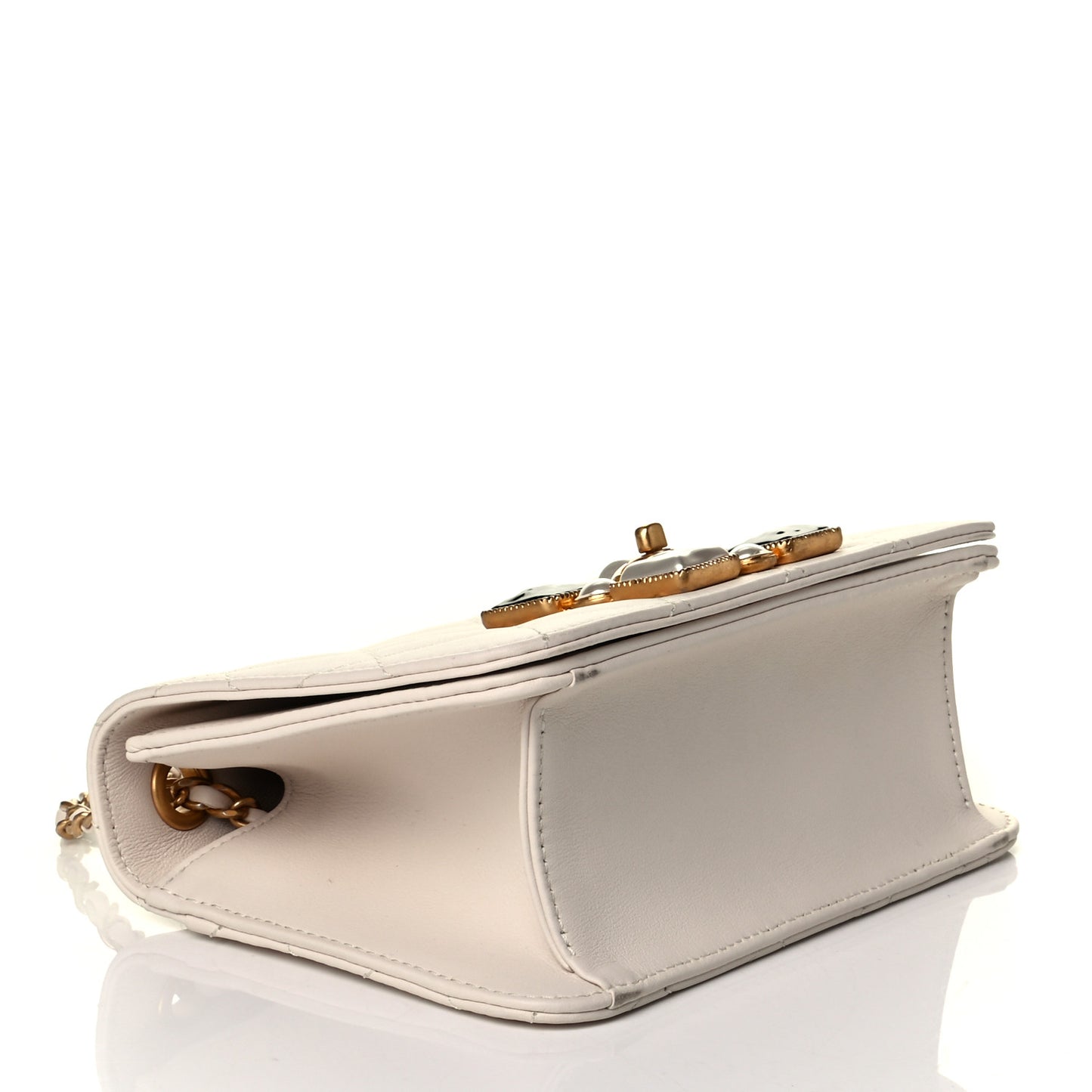 Calfskin Quilted Crystal Pearl Small Flap Bag White