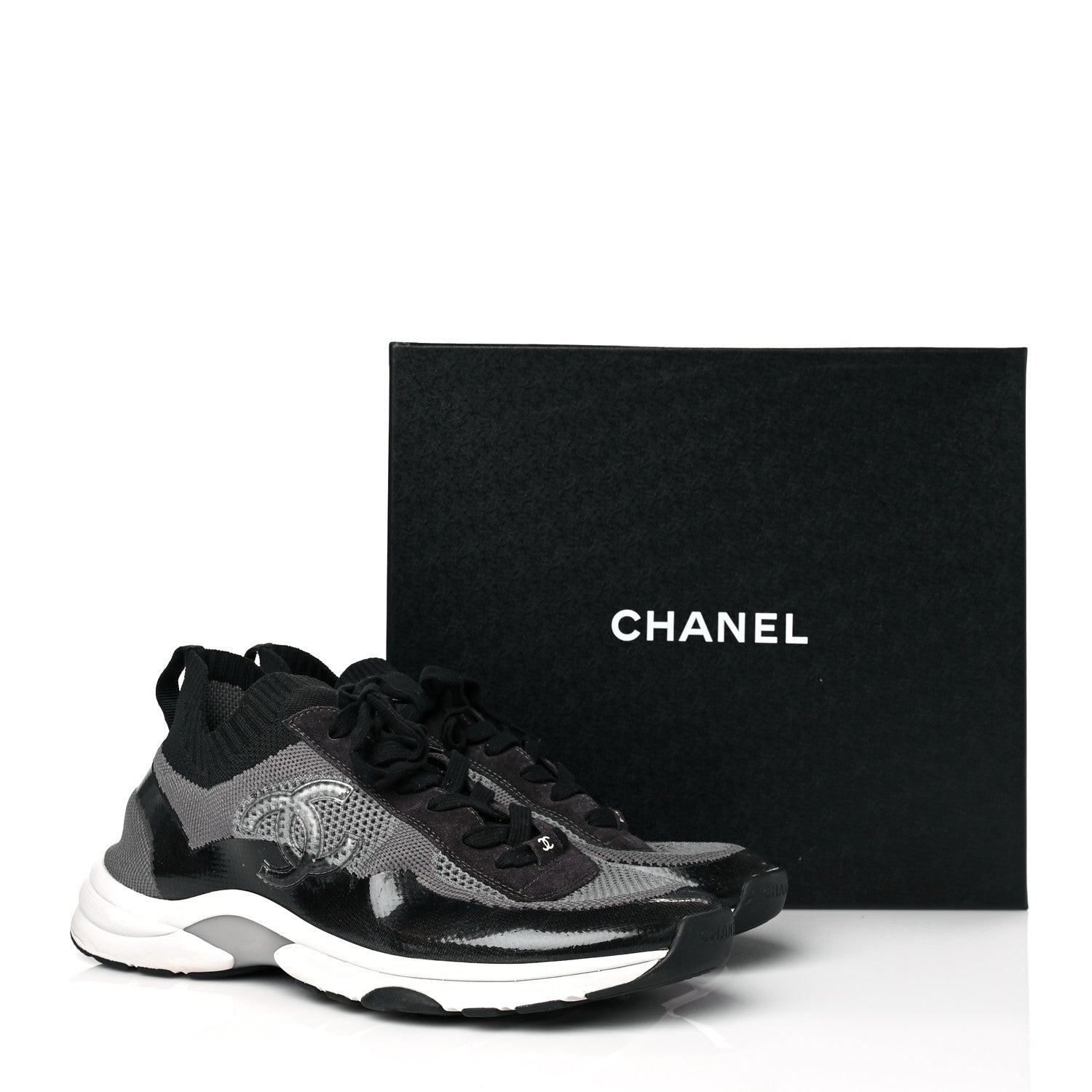 Chanel Fabric Calfskin Suede Mens CC Sneakers 45 Black Grey 8 of 8