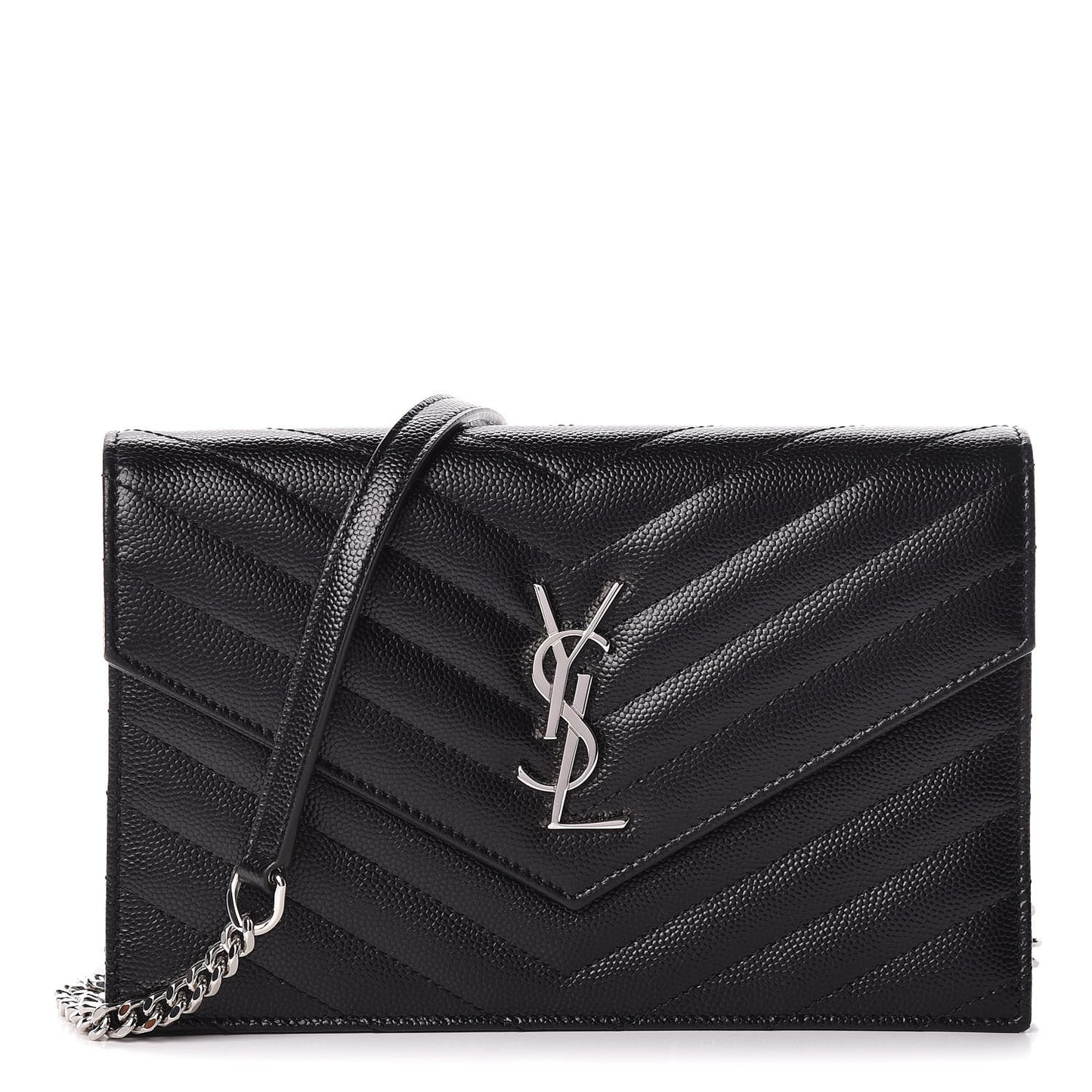 Grain De Poudre Matelasse Chevron Monogram Envelope Chain Wallet Black