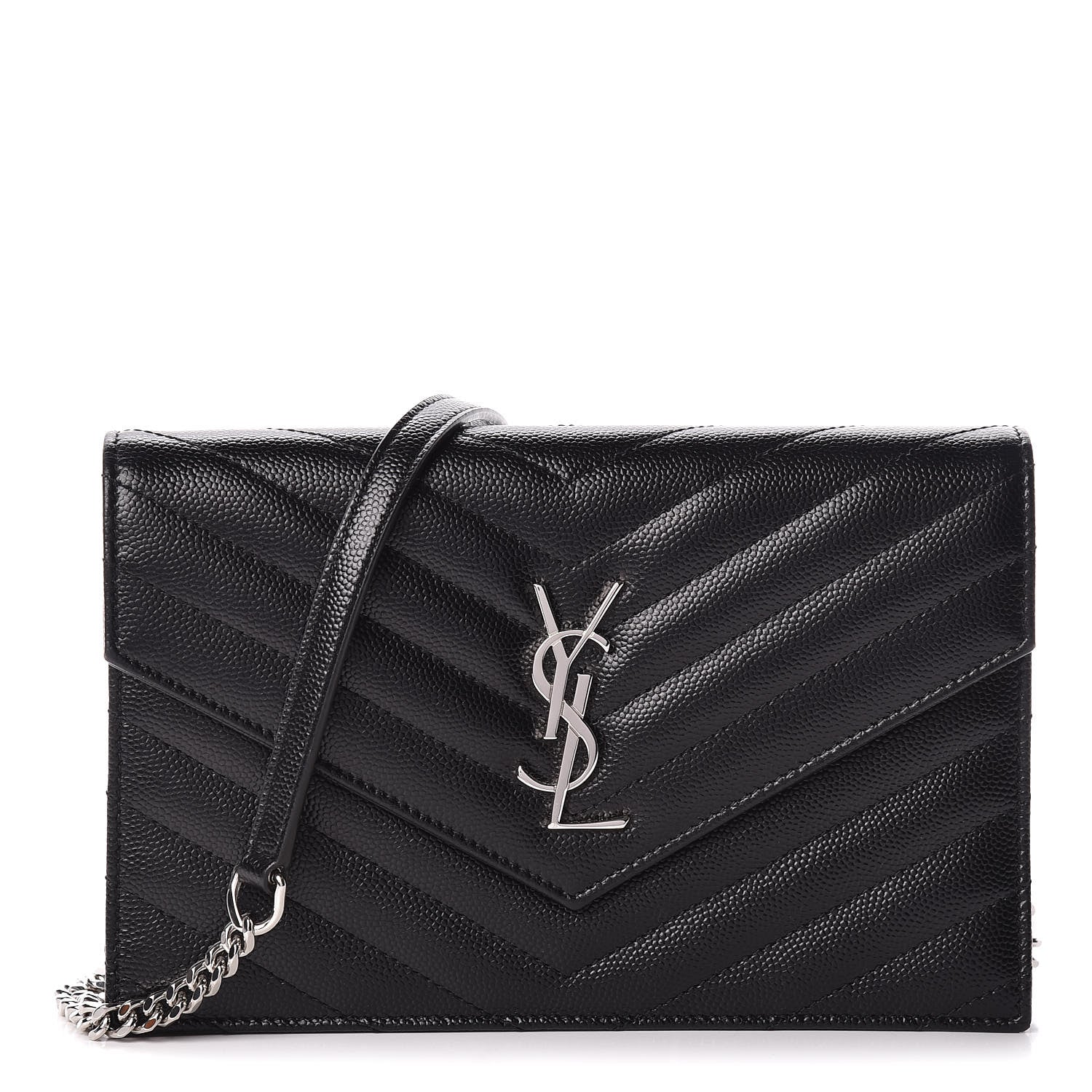 Saint Laurent Grain De Poudre Matelasse Chevron Monogram Envelope Chain Wallet Black 1 of 10