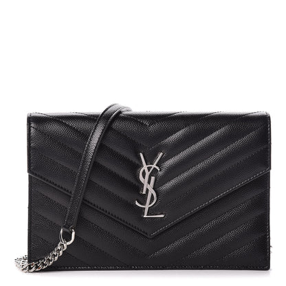 Saint Laurent Grain De Poudre Matelasse Chevron Monogram Envelope Chain Wallet Black 1 of 10