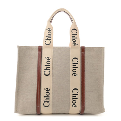 Chloe Cotton Calfskin Large Woody Ribbon Tote White Brown 1 of 10