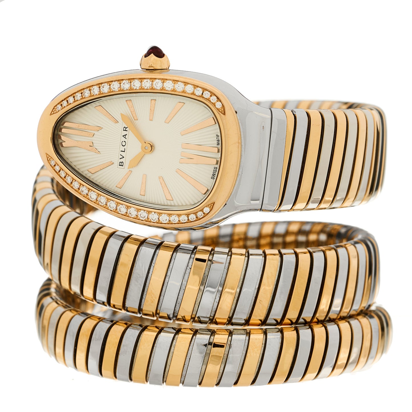Stainless Steel 18K Rose Gold Diamond Bezel 35mm Serpenti Tubogas Double Spiral Quartz Watch