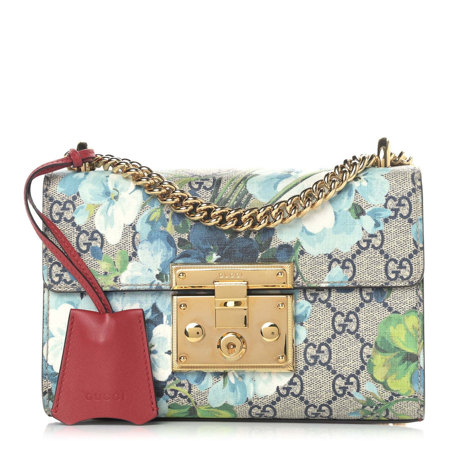GG Supreme Monogram Blooms Small Padlock Shoulder Bag Beige Blue Navy Hibiscus Red