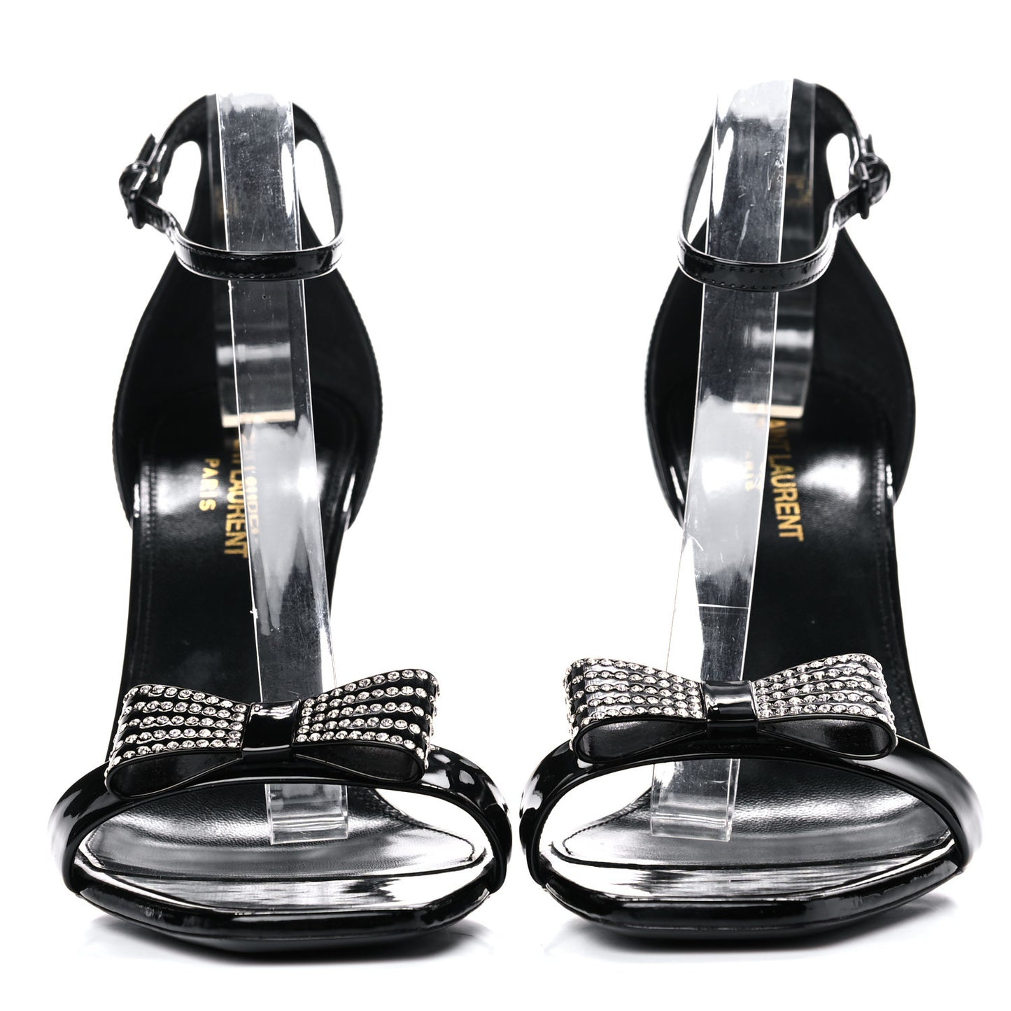 Patent Calfskin Crystal Amber Bow 85 Ankle Strap Sandals 40.5 Black
