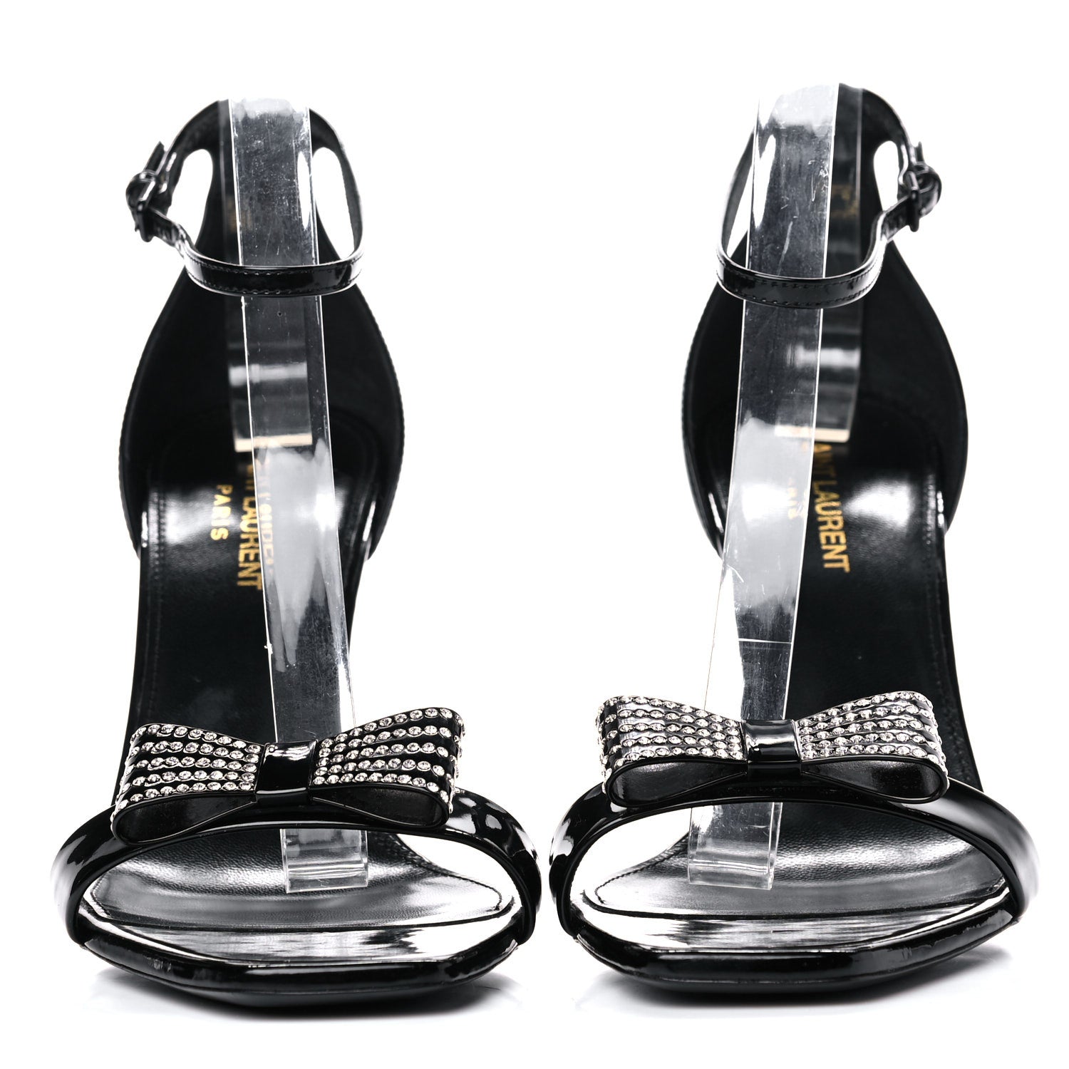 Saint Laurent Patent Calfskin Crystal Amber Bow 85 Ankle Strap Sandals 40.5 Black 2 of 15