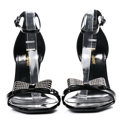 Saint Laurent Patent Calfskin Crystal Amber Bow 85 Ankle Strap Sandals 40.5 Black 2 of 15