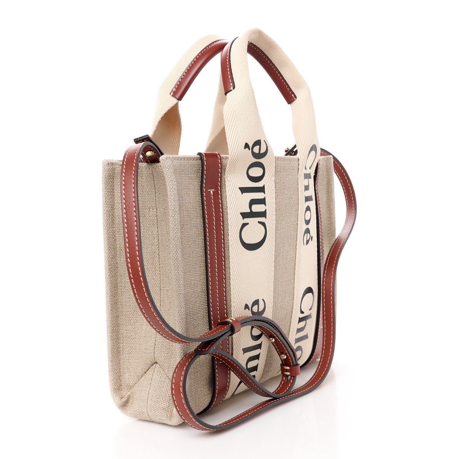 Chloe Linen Calfskin Small Woody Ribbon Tote With Strap White Brown 3 of 12