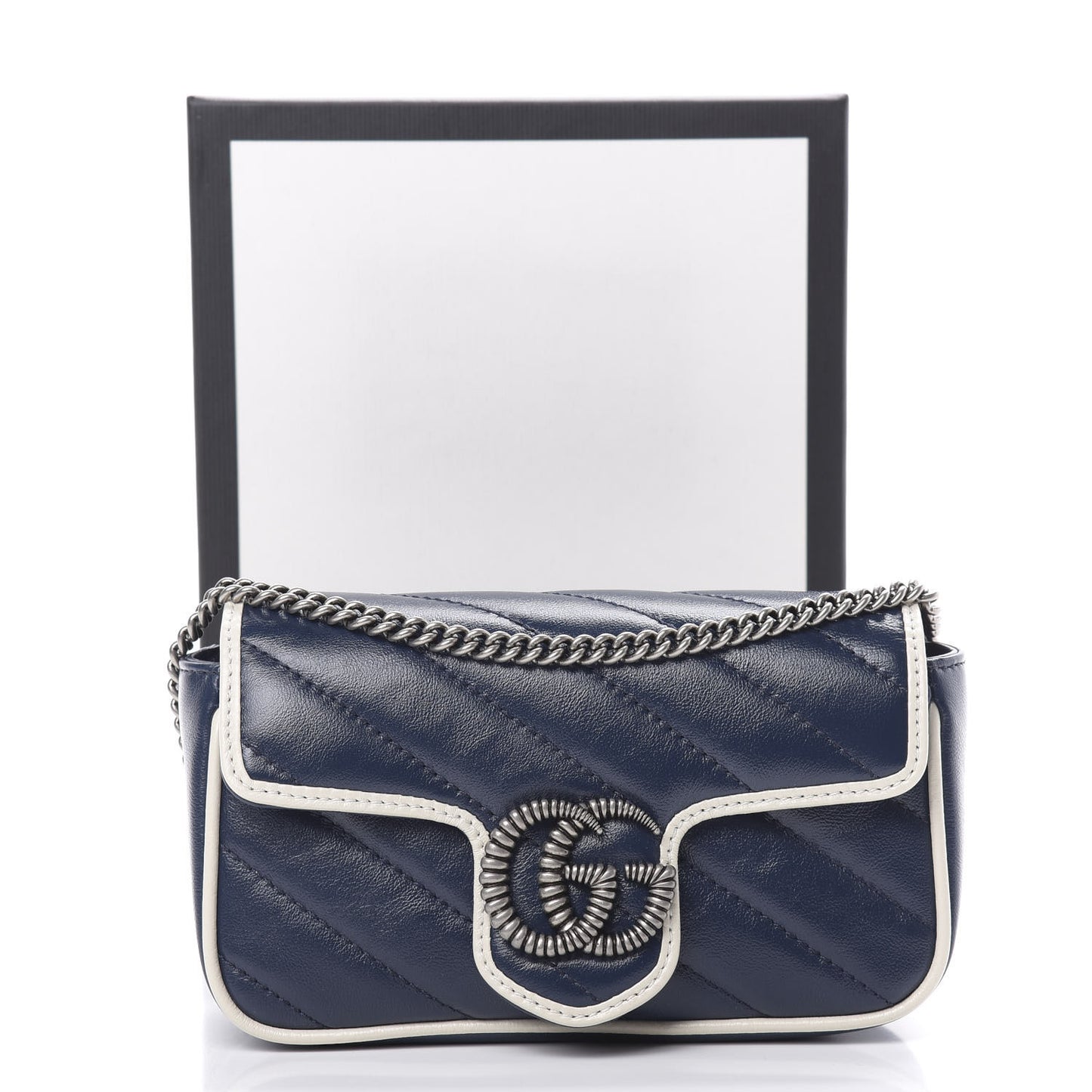 Vintage Effect Calfskin Matelasse Diagonal Super Mini Torchon GG Marmont Shoulder Bag Blue Agata Mystic White