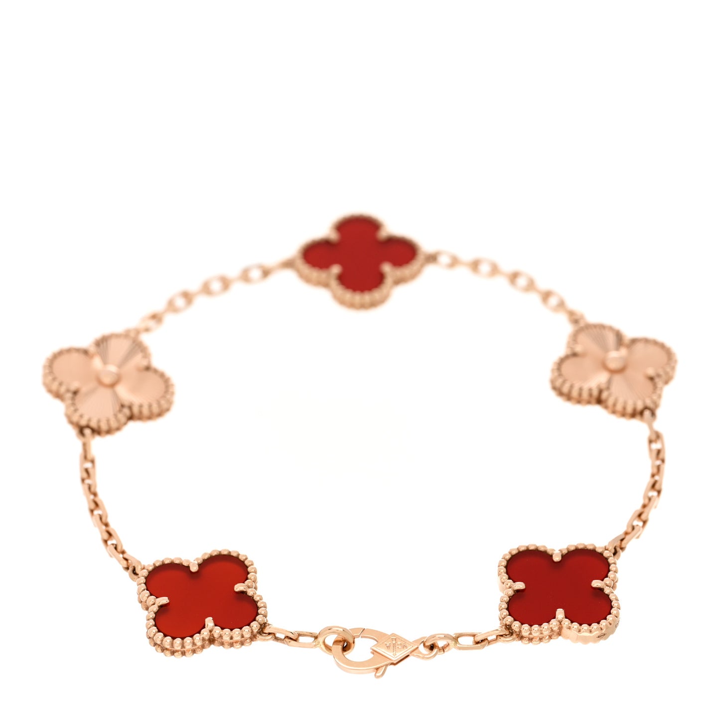 18K Rose Gold Carnelian 5 Motifs Guilloche Vintage Alhambra Bracelet