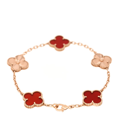 Van Cleef & Arpels 18K Rose Gold Carnelian 5 Motifs Guilloche Vintage Alhambra Bracelet 2 of 4