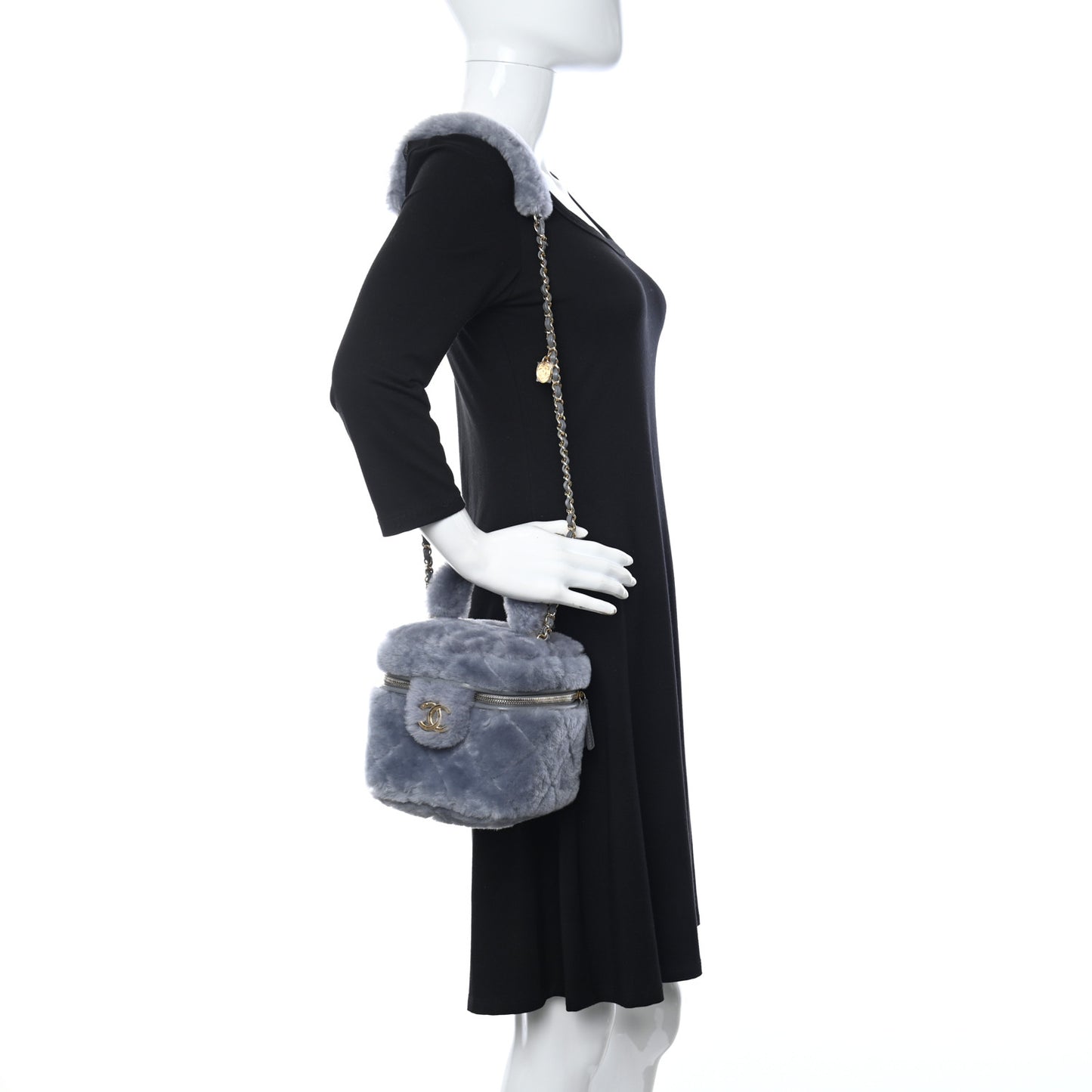 Shearling Lambskin Quilted Small Vanity Case Grey