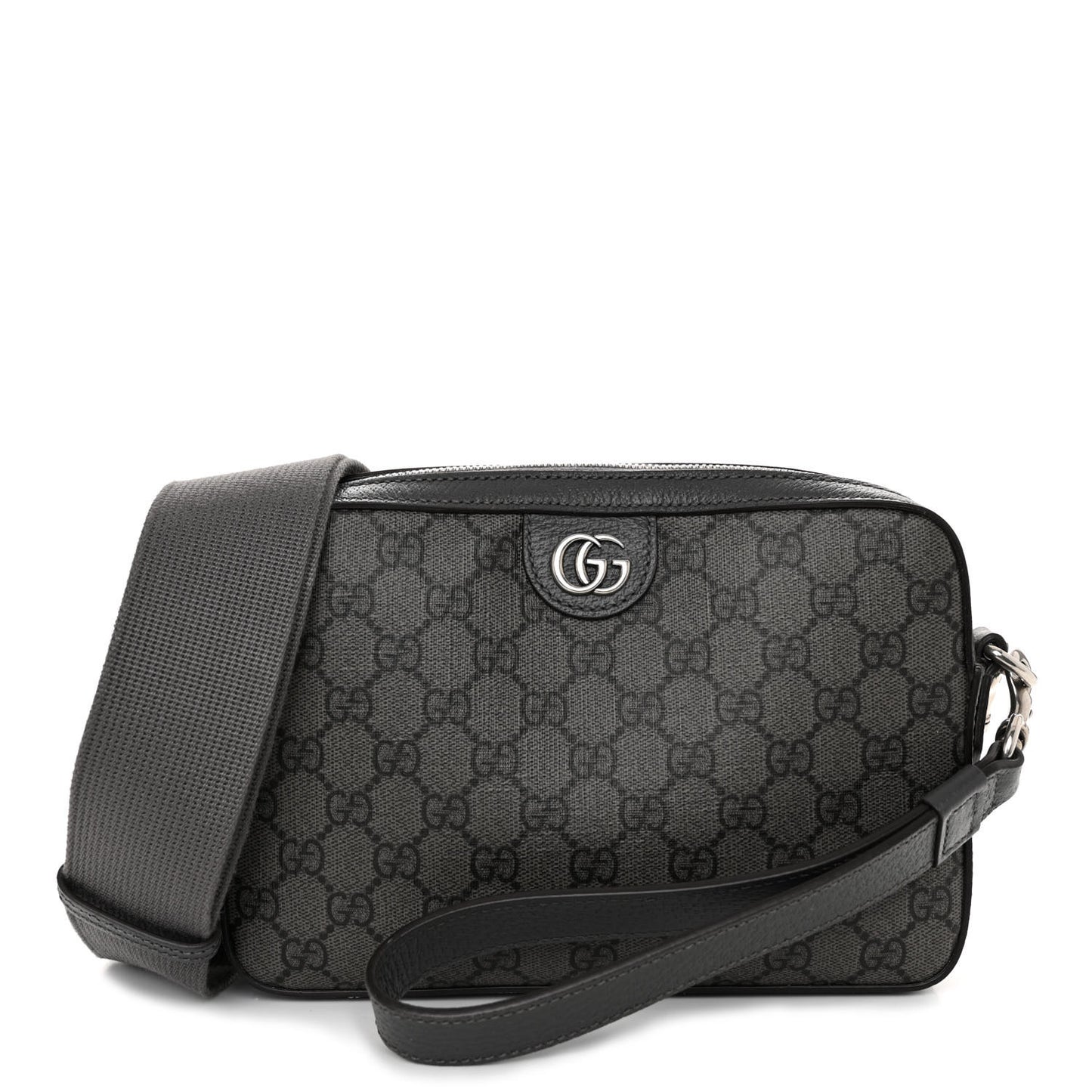 GG Supreme Monogram Textured Dollar Calfskin Web Ophidia Wristlet Shoulder Bag Grey Black Graphite Grey
