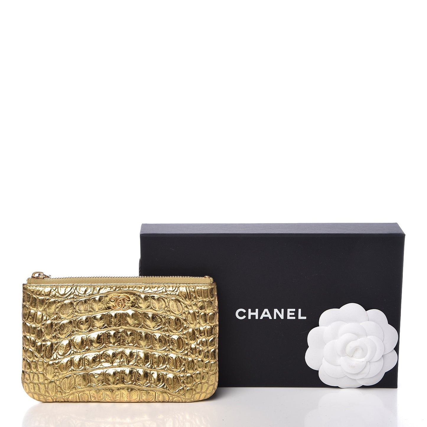 Metallic Calfskin Crocodile Embossed Cocodile Cosmetic Case Gold