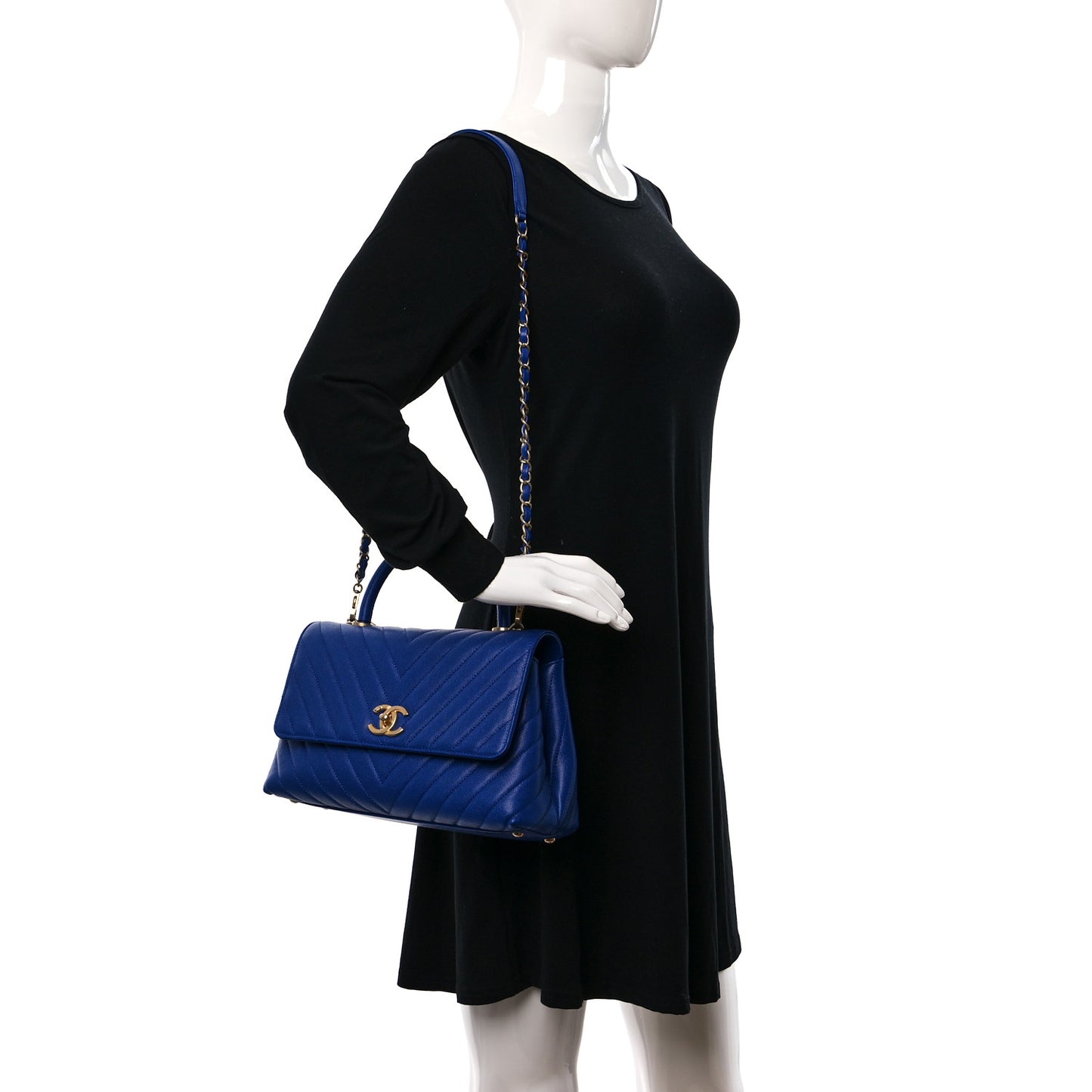 Caviar Chevron Quilted Small Coco Handle Flap Blue