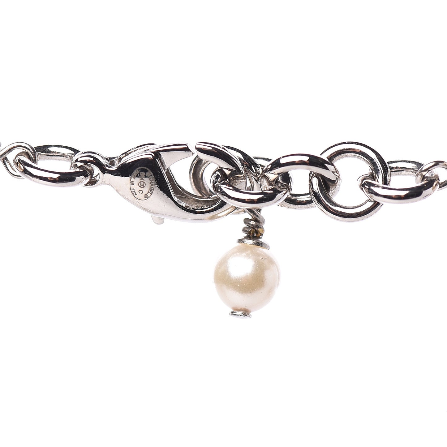 Graduated Pearl Crystal CC Long Necklace Silver