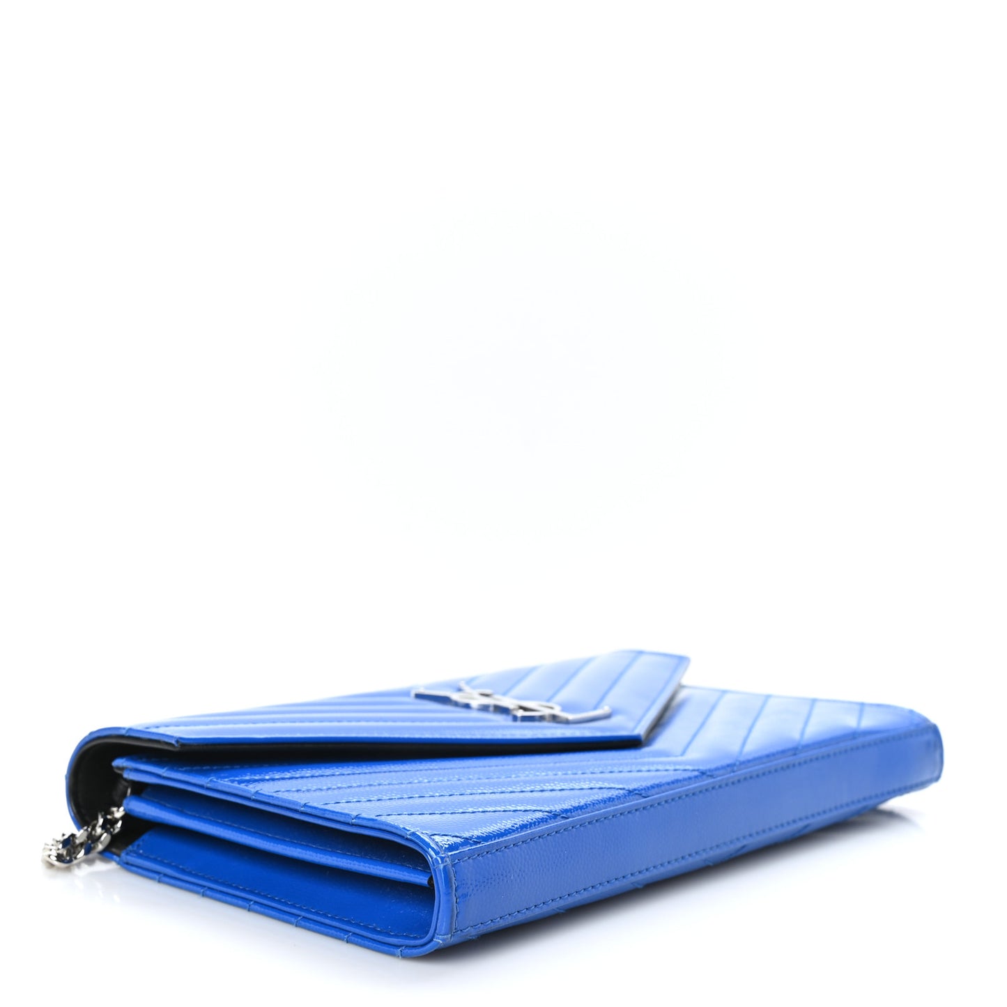 Patent Grain De Poudre Matelasse Chevron Monogram Chain Wallet Blue Majorelle